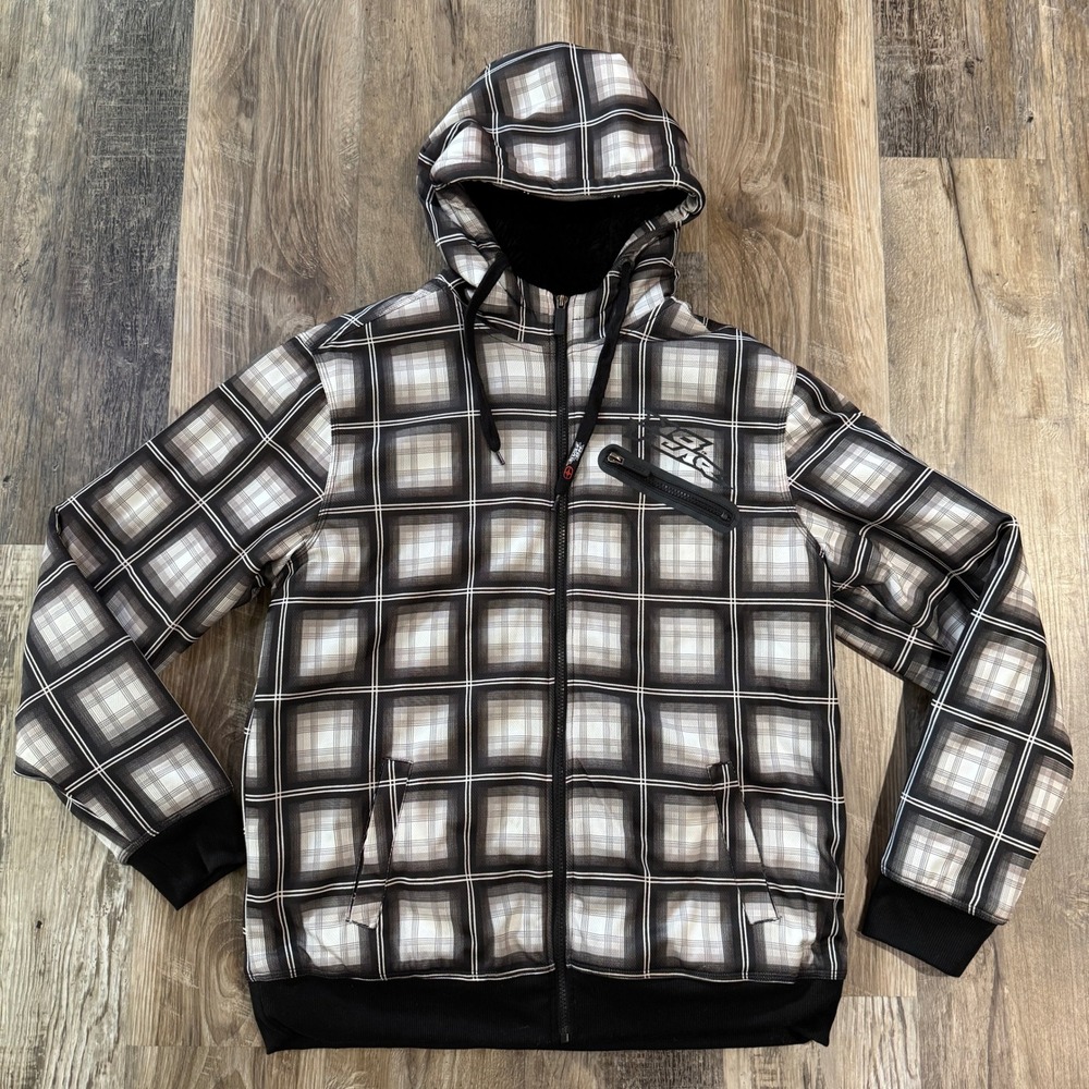 VTG Y2K No Fear Jacket L Plaid Faux Fur Lined Hoodie Full Zip Gorpcore Wolf Jaw